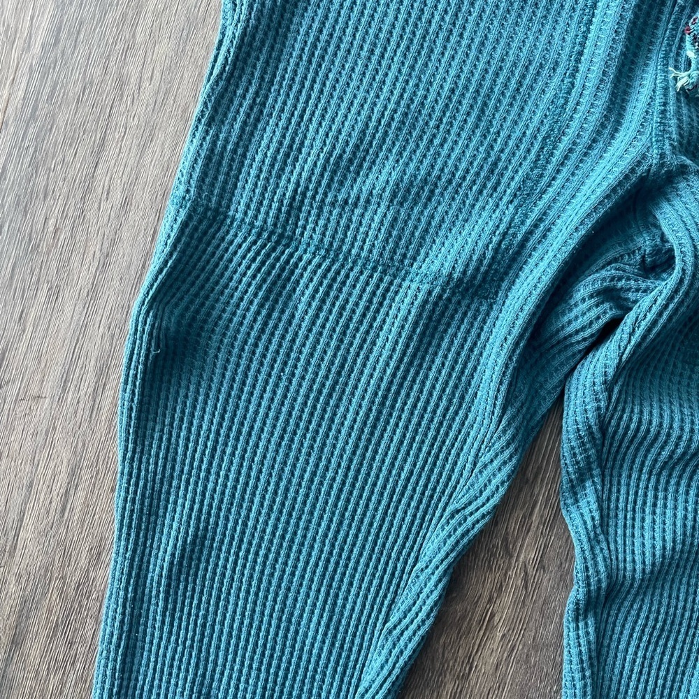 Sundance | Teal Blue Thermal Waffle Knit Drawstring Joggers Boho Cotton Blend - Picture 3 of 7